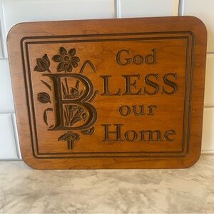 Vintage Carved Wood “God Bless Our Home” Plaque Farmhouse Wall Decor